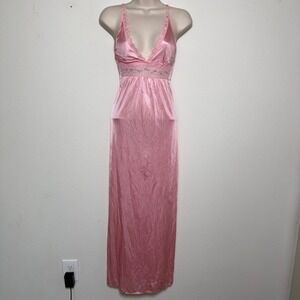 VTG Women Fairy Babydoll Slip Dress Pink Lace Floral Embroidered Satin Maxi